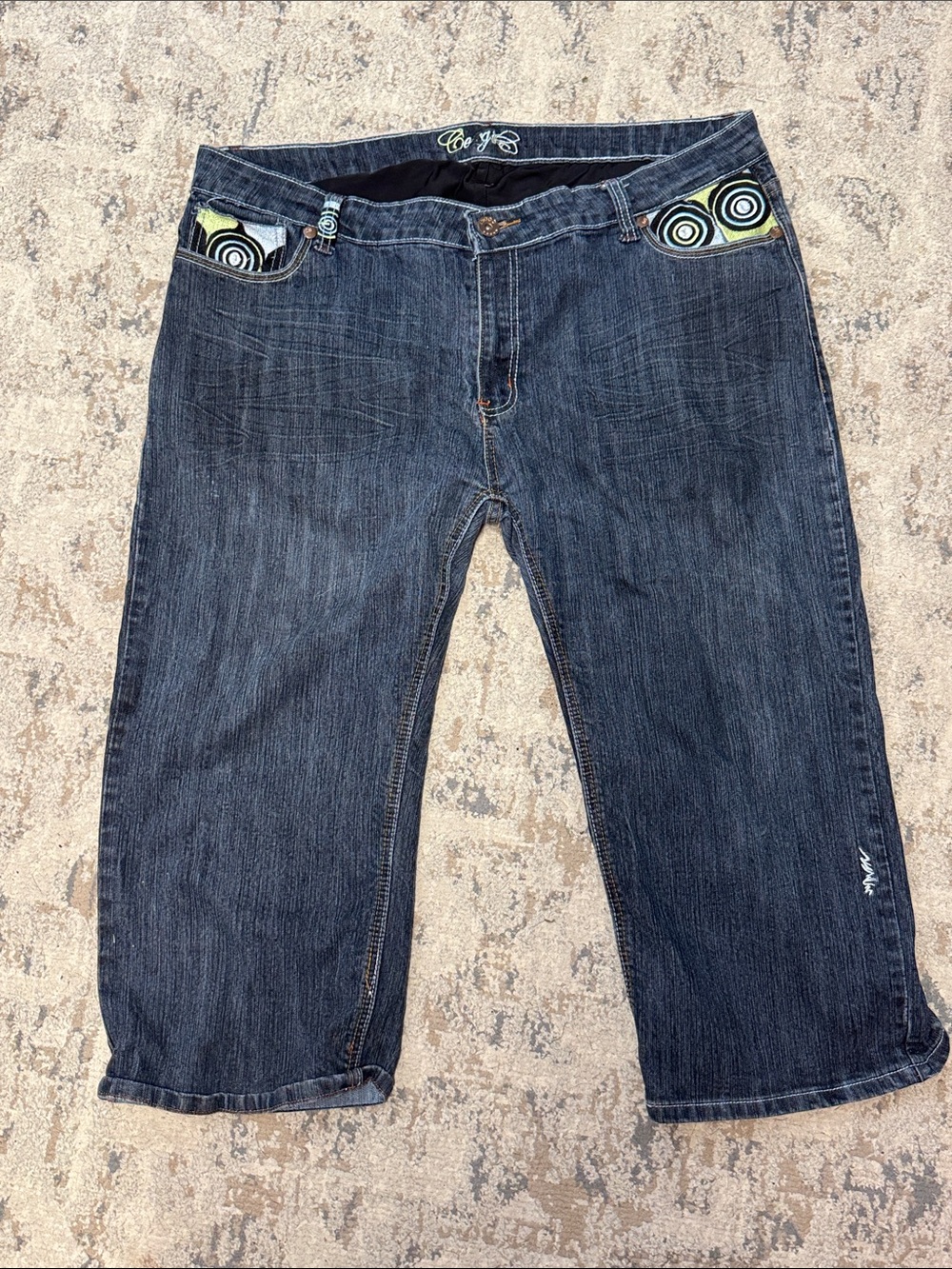 COOGI Dark Blue Cropped Jeans with Green Accent Pocket Trim